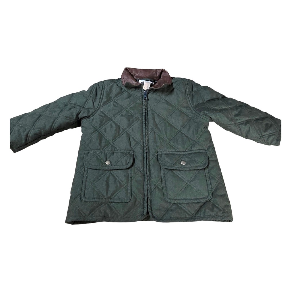 Janie and Jack 12-24 Months Green Quilted Field Jacket Faux Brown Leather Collar - Picture 2 of 4